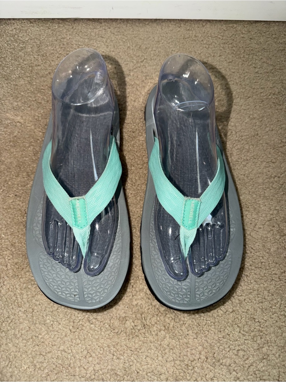 Merrell Wave Women’s 10 Vibram Megagrip Gray Aqua Outdoor Flip Flop Sandals
